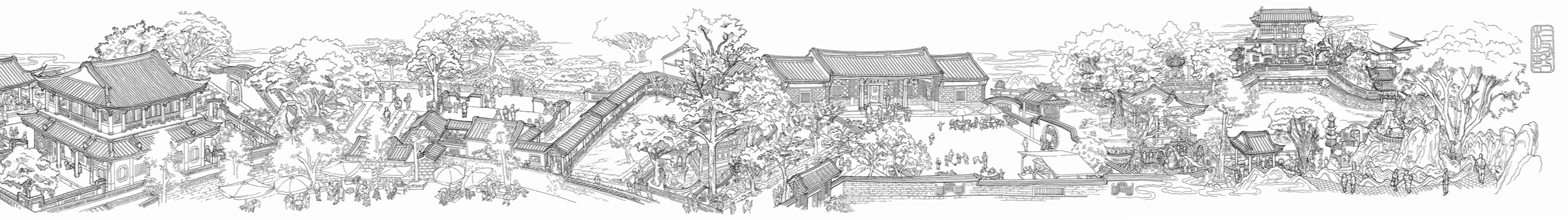清明園林遊-線稿長卷圖之3