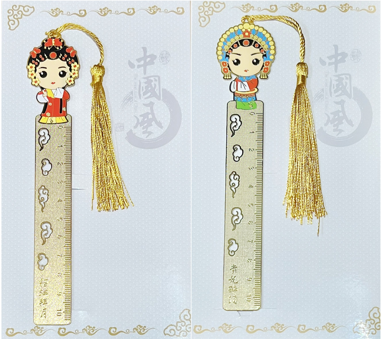 《四大美女銅尺書籤》：左圖-貂蟬拜月。右圖-貴妃醉酒