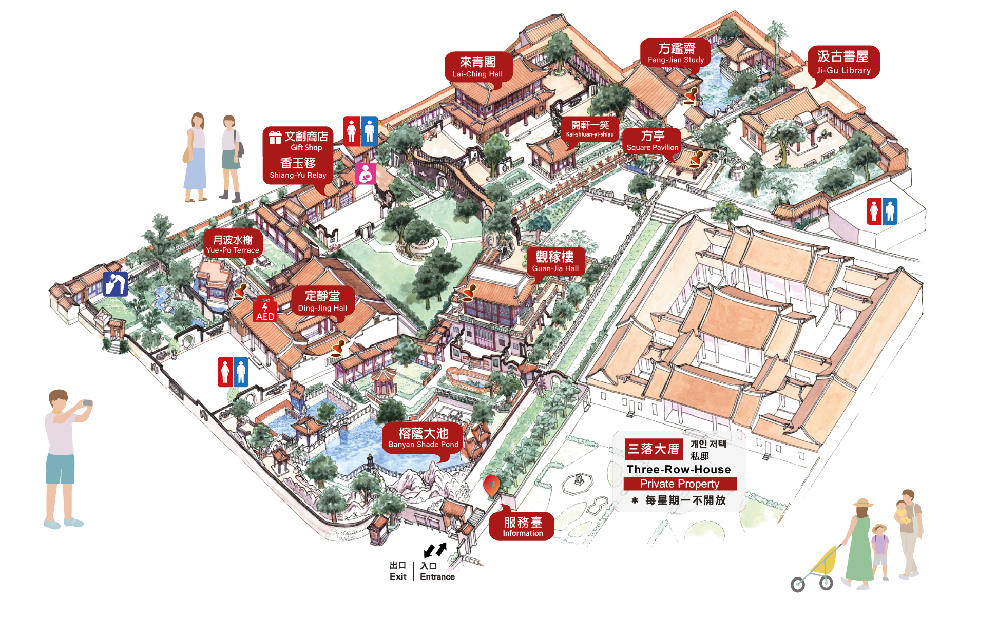 由入口進來是可觀賞風景的觀稼樓，緊接著是三落大厝及方亭以及書庫汲古書屋，再往前走有讀書觀戲的方鑑齋，可遠眺景色的來青閣，    再往前走幾步有橫虹臥月和可觀賞花木的香玉簃，再往前走有賞月的月波水榭及可宴客的定靜堂，最後在出口外有榕蔭大池。